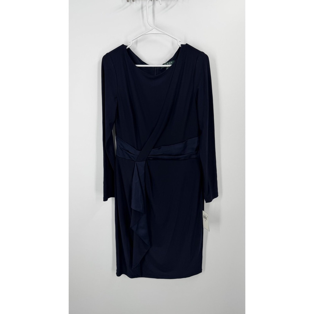 Lauren Ralph Lauren Sheath Dress Women 8 Navy Blue Faux Wrap Long Sleeve Stretch